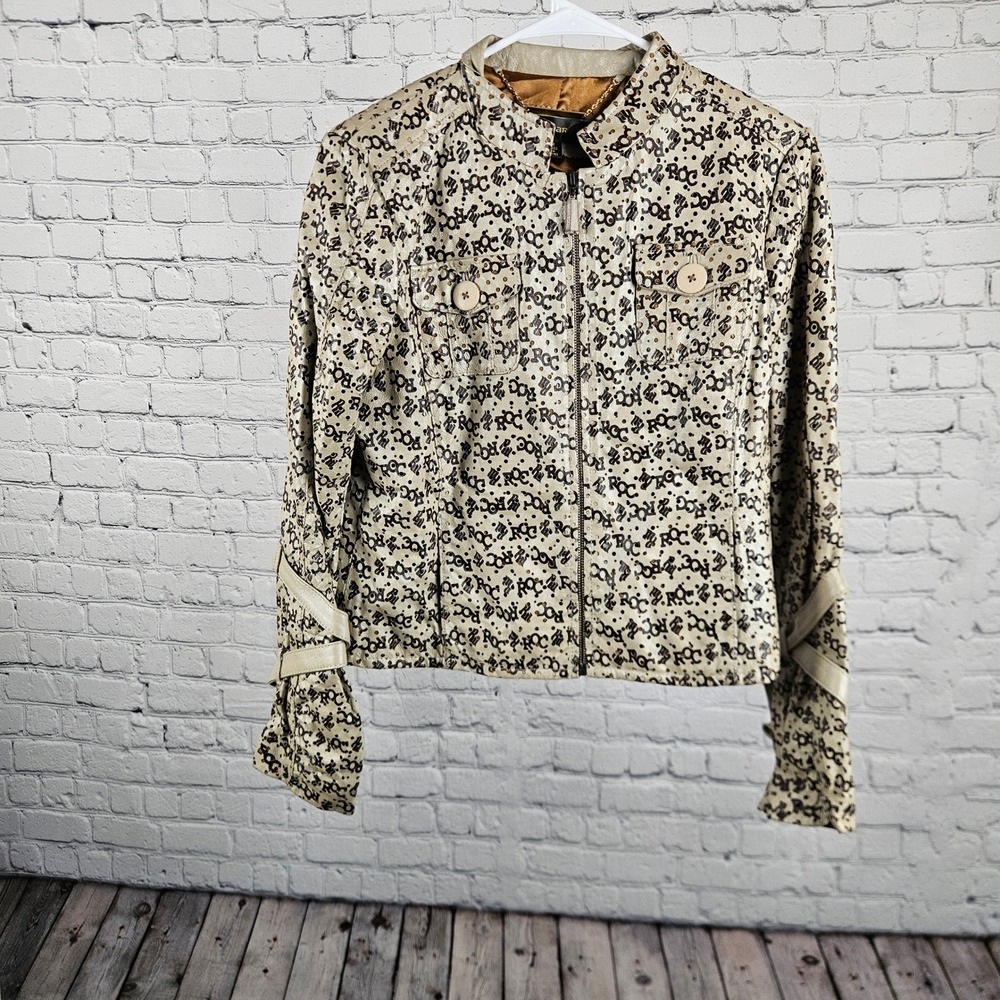 Rocawear Womens Leather Jacket Cream Brown Logo Perforated Y2K Moto Medium